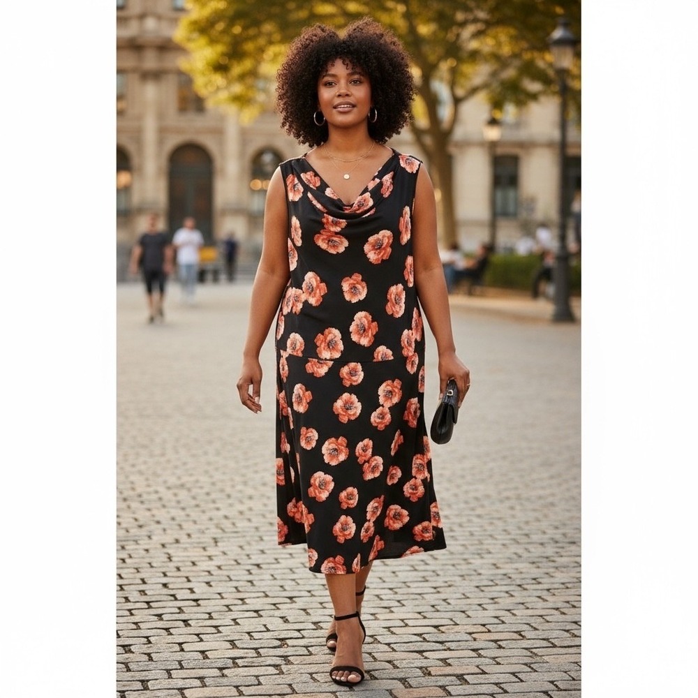 Black Floral Cowl Neck Sleeveless Midi Dress Classic Romantic‎ Size 18WP NEW